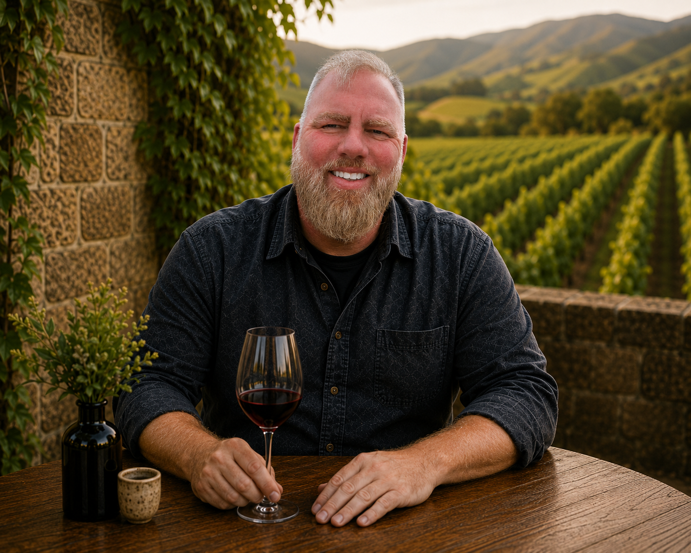 Dave, the Bearing Wine guide, smiling and holding a glass of red wine at a rustic table